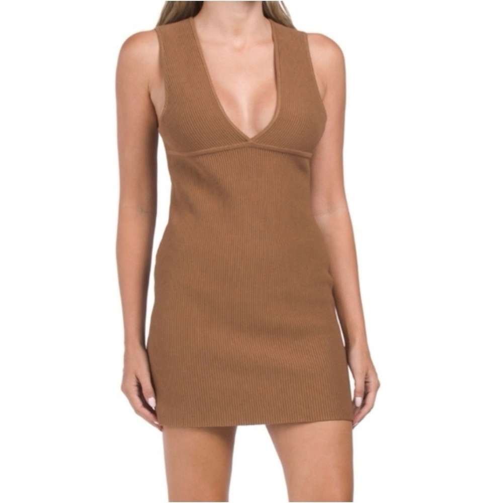 House of Harlow Brown Luxe Essentials Sleeveless V Neck Ribbed Mini Dress LARGE